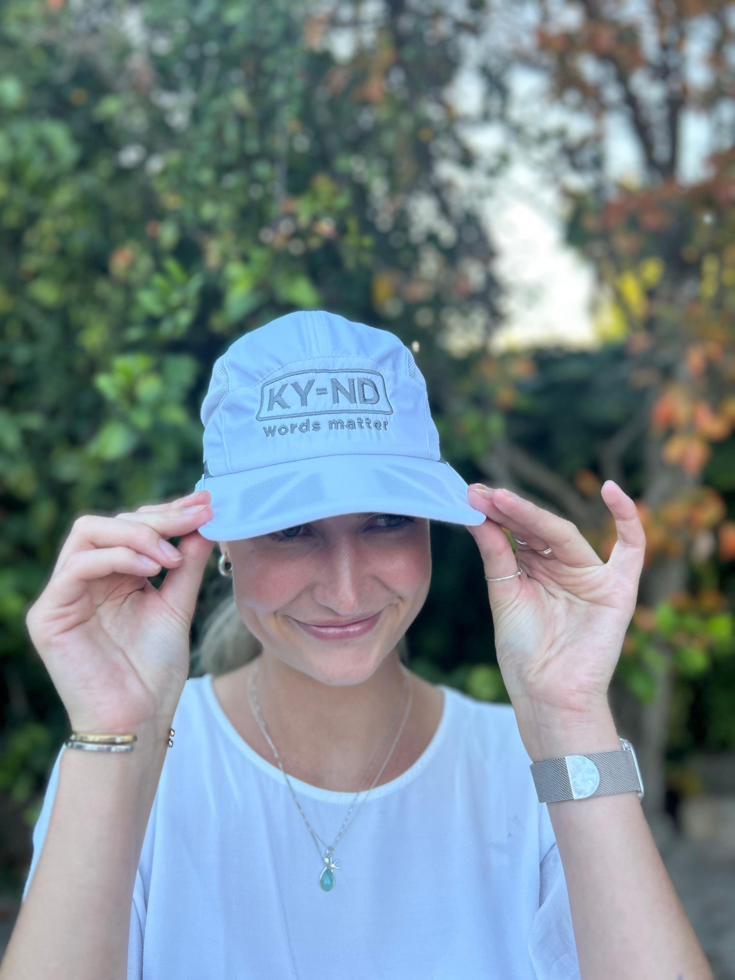 White KY-ND Reflective Running Cap 'words matter'