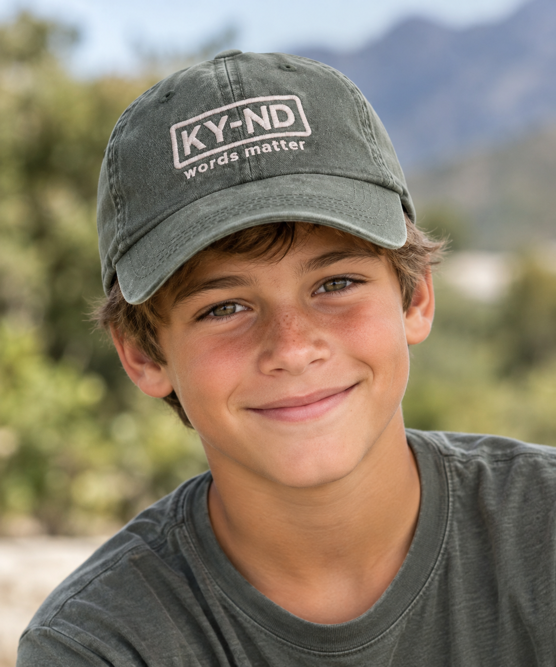 KY-ND Olive Washed Denim Kids Cap 'words matter'