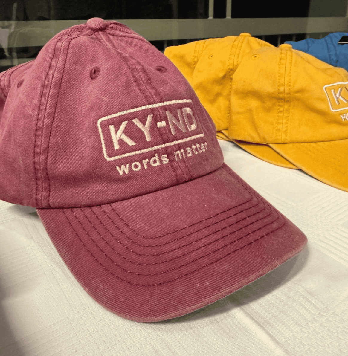 KY-ND Dusty Pink (Wine) Washed Denim Cap 'words matter'